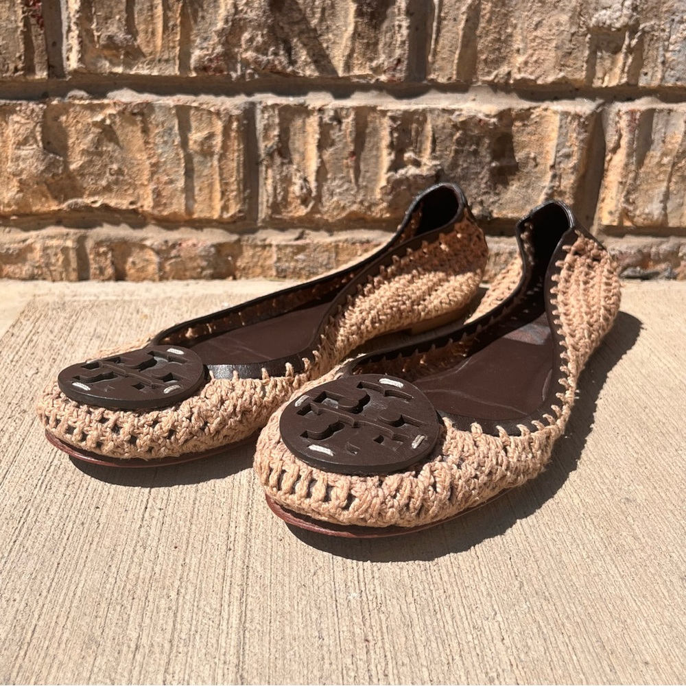 Tory Burch Size 10 Crochet Woven Leather Slip On Ballet Flats Sandals - Picture 2 of 7